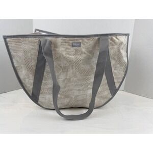 Thirty-One Round Utility Tote Bag Tan Gray Geometric Print Mesh Pocket Organizer